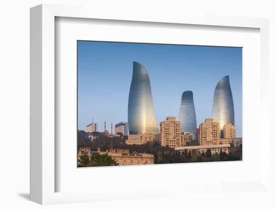 Azerbaijan, Baku. City skyline with Flame Towers from Baku Bay.-Walter Bibikow-Framed Photographic Print