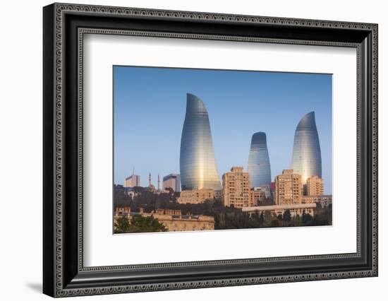 Azerbaijan, Baku. City skyline with Flame Towers from Baku Bay.-Walter Bibikow-Framed Photographic Print