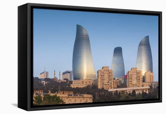 Azerbaijan, Baku. City skyline with Flame Towers from Baku Bay.-Walter Bibikow-Framed Premier Image Canvas