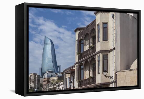 Azerbaijan, Baku. Old City and Flame Towers-Walter Bibikow-Framed Premier Image Canvas