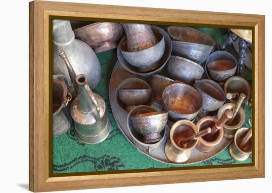Azerbaijan, Lahic. A Collection of Engraved Copper Cups and Mortars-Alida Latham-Framed Premier Image Canvas