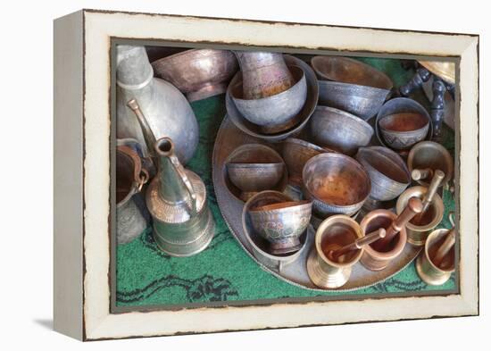 Azerbaijan, Lahic. A Collection of Engraved Copper Cups and Mortars-Alida Latham-Framed Premier Image Canvas