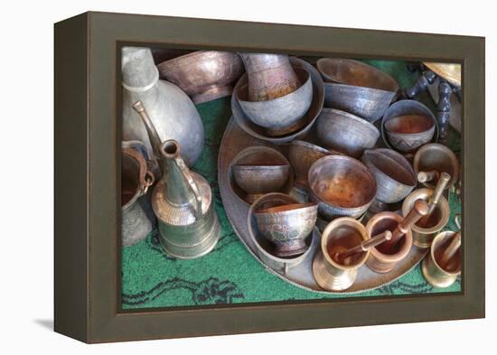 Azerbaijan, Lahic. A Collection of Engraved Copper Cups and Mortars-Alida Latham-Framed Premier Image Canvas