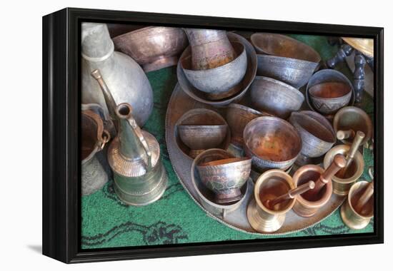 Azerbaijan, Lahic. A Collection of Engraved Copper Cups and Mortars-Alida Latham-Framed Premier Image Canvas