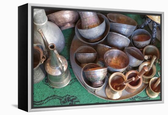 Azerbaijan, Lahic. A Collection of Engraved Copper Cups and Mortars-Alida Latham-Framed Premier Image Canvas