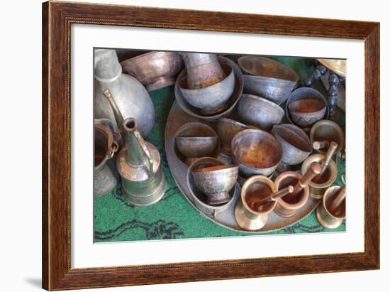 Azerbaijan, Lahic. A Collection of Engraved Copper Cups and Mortars-Alida Latham-Framed Photographic Print