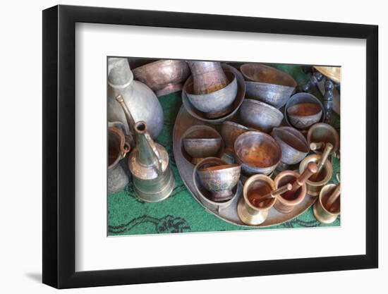 Azerbaijan, Lahic. A Collection of Engraved Copper Cups and Mortars-Alida Latham-Framed Photographic Print