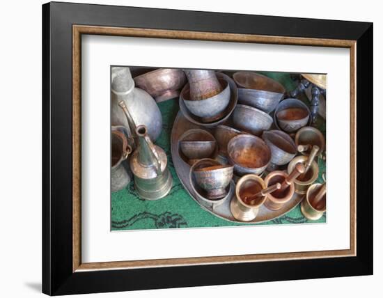 Azerbaijan, Lahic. A Collection of Engraved Copper Cups and Mortars-Alida Latham-Framed Photographic Print