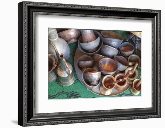 Azerbaijan, Lahic. A Collection of Engraved Copper Cups and Mortars-Alida Latham-Framed Photographic Print