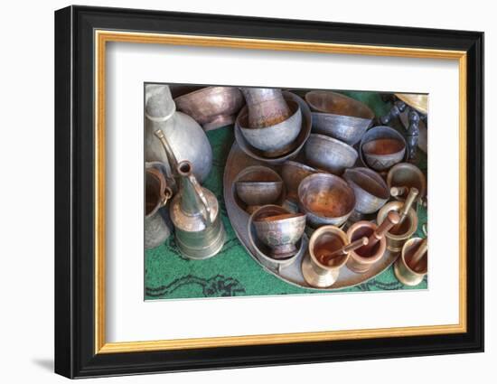 Azerbaijan, Lahic. A Collection of Engraved Copper Cups and Mortars-Alida Latham-Framed Photographic Print