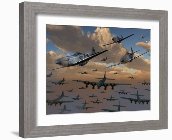 B-17 Flying Fortress Bombers and P-51 Mustangs in Flight-Stocktrek Images-Framed Photographic Print