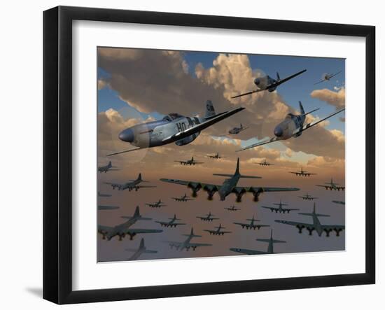 B-17 Flying Fortress Bombers and P-51 Mustangs in Flight-Stocktrek Images-Framed Photographic Print