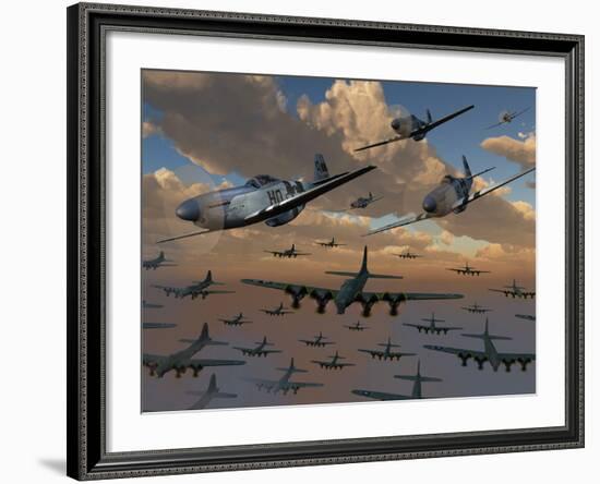 B-17 Flying Fortress Bombers and P-51 Mustangs in Flight-Stocktrek Images-Framed Photographic Print