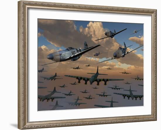 B-17 Flying Fortress Bombers and P-51 Mustangs in Flight-Stocktrek Images-Framed Photographic Print