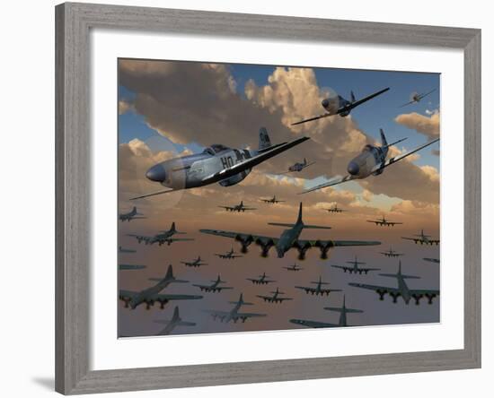 B-17 Flying Fortress Bombers and P-51 Mustangs in Flight-Stocktrek Images-Framed Photographic Print