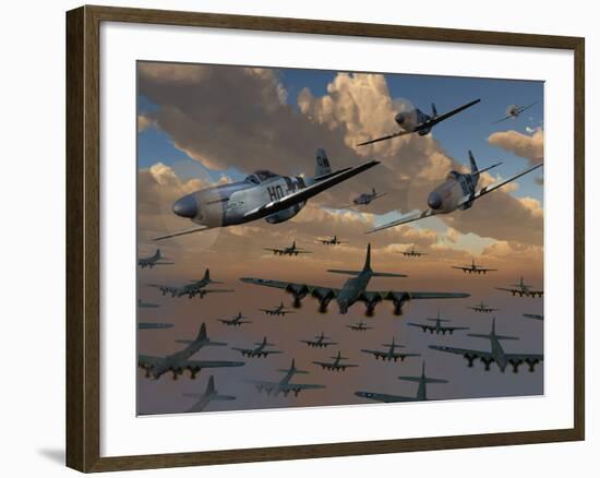 B-17 Flying Fortress Bombers and P-51 Mustangs in Flight-Stocktrek Images-Framed Photographic Print