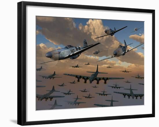 B-17 Flying Fortress Bombers and P-51 Mustangs in Flight-Stocktrek Images-Framed Photographic Print