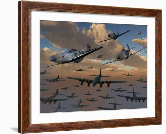 B-17 Flying Fortress Bombers and P-51 Mustangs in Flight-Stocktrek Images-Framed Photographic Print