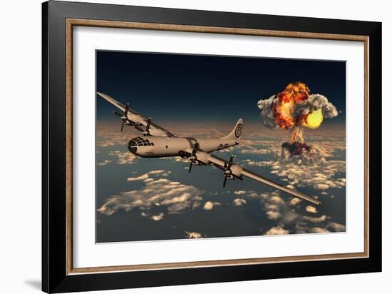 B-29 Superfortress Flying Away from the Explosion of the Atomic Bomb-null-Framed Art Print