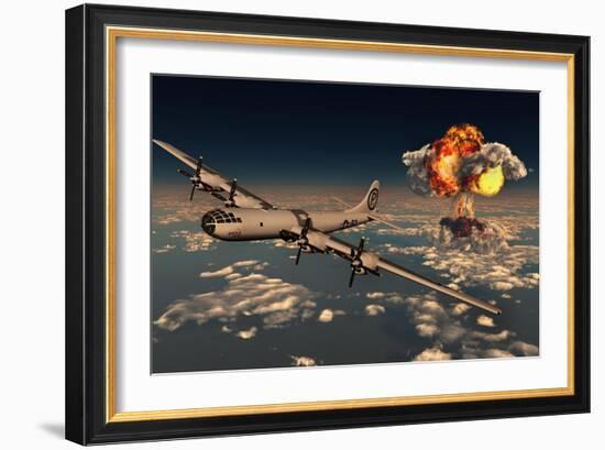 B-29 Superfortress Flying Away from the Explosion of the Atomic Bomb-null-Framed Art Print