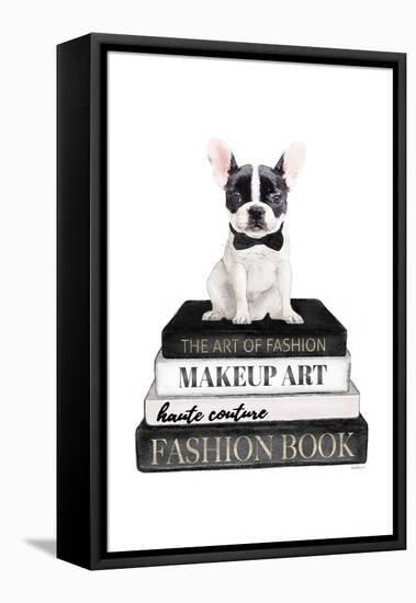 B&W Frenchie Bookstack-Amanda Greenwood-Framed Stretched Canvas