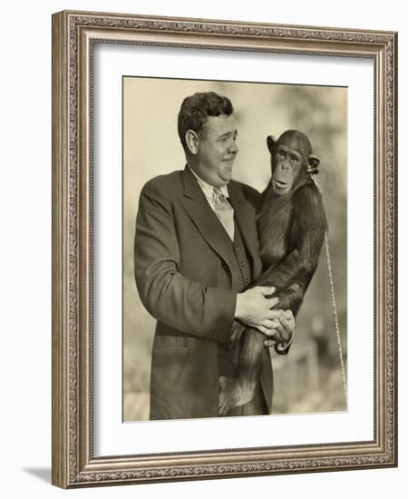 Babe Ruth, Holding Mike, a Chimpanzee at the St. Louis Zoological Park. Oct. 10, 1928-null-Framed Photo