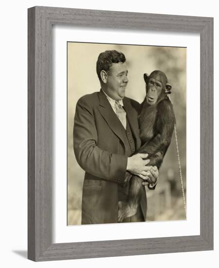 Babe Ruth, Holding Mike, a Chimpanzee at the St. Louis Zoological Park. Oct. 10, 1928-null-Framed Photo