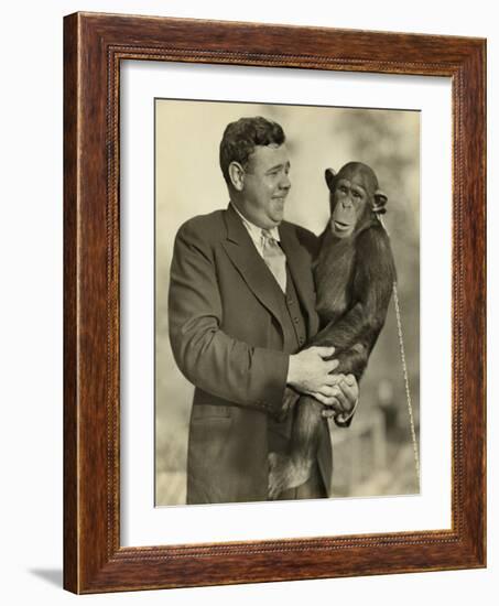 Babe Ruth, Holding Mike, a Chimpanzee at the St. Louis Zoological Park. Oct. 10, 1928-null-Framed Photo