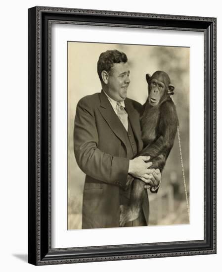 Babe Ruth, Holding Mike, a Chimpanzee at the St. Louis Zoological Park. Oct. 10, 1928-null-Framed Photo