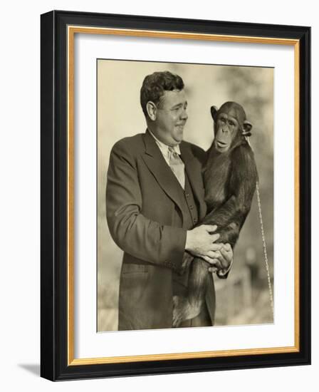 Babe Ruth, Holding Mike, a Chimpanzee at the St. Louis Zoological Park. Oct. 10, 1928-null-Framed Photo