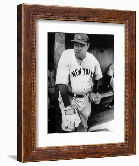 Babe Ruth in the New York Yankees Dugout at League Park in Clevelenad, Ohio, 1934-null-Framed Premium Giclee Print