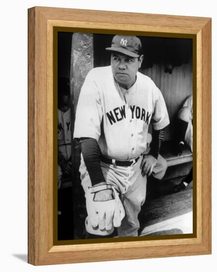 Babe Ruth in the New York Yankees Dugout at League Park in Clevelenad, Ohio, 1934-null-Framed Stretched Canvas