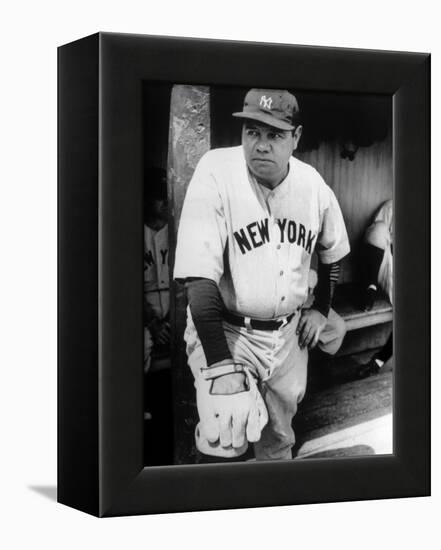 Babe Ruth in the New York Yankees Dugout at League Park in Clevelenad, Ohio, 1934-null-Framed Stretched Canvas