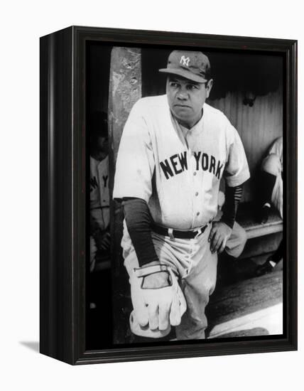 Babe Ruth in the New York Yankees Dugout at League Park in Clevelenad, Ohio, 1934-null-Framed Stretched Canvas