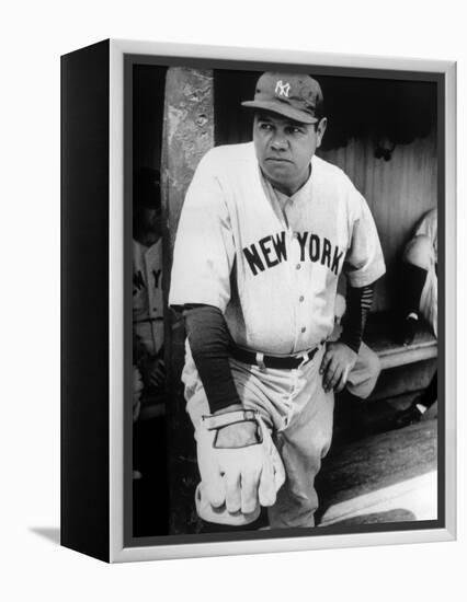 Babe Ruth in the New York Yankees Dugout at League Park in Clevelenad, Ohio, 1934-null-Framed Stretched Canvas
