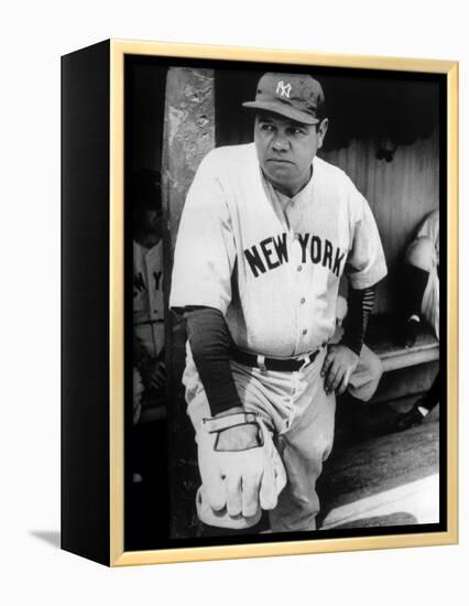 Babe Ruth in the New York Yankees Dugout at League Park in Clevelenad, Ohio, 1934-null-Framed Stretched Canvas