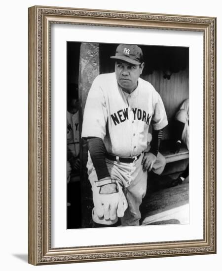 Babe Ruth in the New York Yankees Dugout at League Park in Clevelenad, Ohio, 1934-null-Framed Art Print