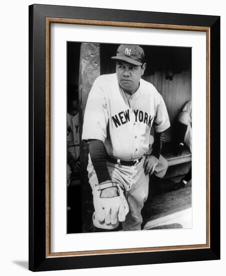 Babe Ruth in the New York Yankees Dugout at League Park in Clevelenad, Ohio, 1934-null-Framed Art Print