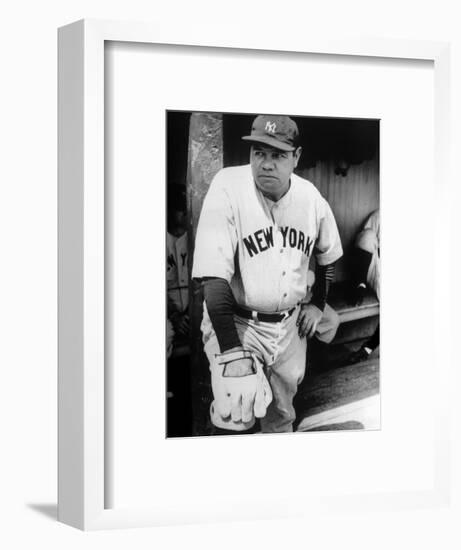 Babe Ruth in the New York Yankees Dugout at League Park in Clevelenad, Ohio, 1934-null-Framed Art Print