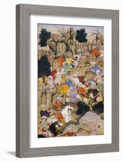 Babur Chasing the Hazaras Through the Ravine, Mughal India, circa 1595-null-Framed Giclee Print