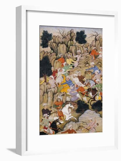 Babur Chasing the Hazaras Through the Ravine, Mughal India, circa 1595-null-Framed Giclee Print