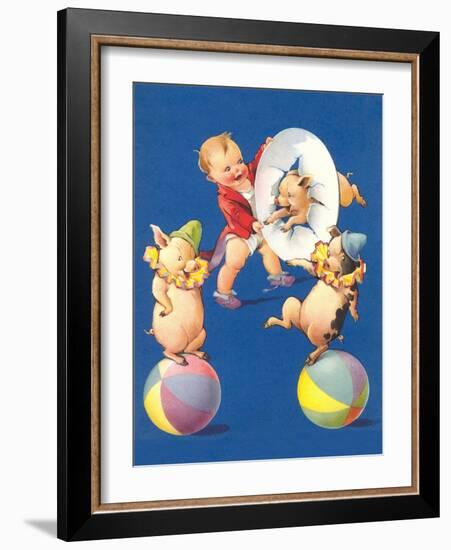 Baby and Pig Circus-null-Framed Art Print