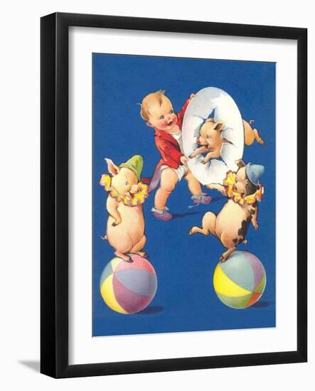 Baby and Pig Circus-null-Framed Art Print