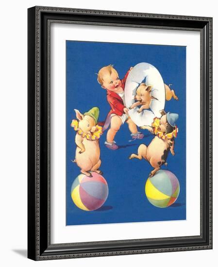 Baby and Pig Circus-null-Framed Art Print