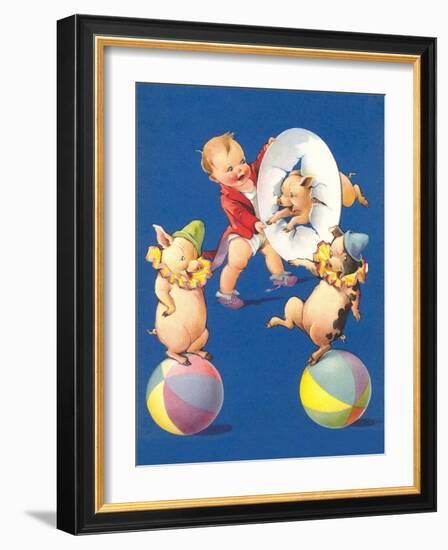 Baby and Pig Circus-null-Framed Art Print