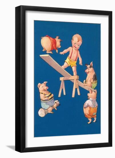 Baby and Pigs at Playground-null-Framed Art Print