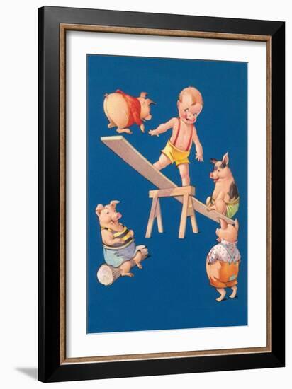 Baby and Pigs at Playground-null-Framed Art Print