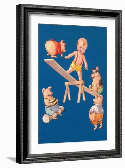 Baby and Pigs at Playground-null-Framed Art Print