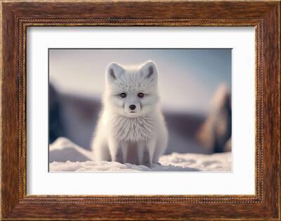 Baby Arctic fox (Vulpes Lagopus) in snow habitat, winter landscape,  Svalbard, Norway Stock Illustration