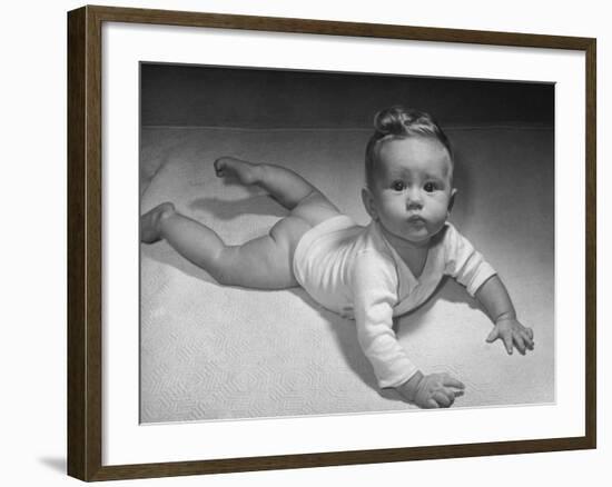 Baby Carol on Her Belly, Wearing Only a Shirt During the War Shortages-Nina Leen-Framed Photographic Print